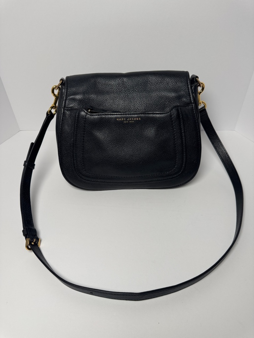 MARC JACOBS Empire City Black Pebbled Leather Saddle Crossbody Bag Gold Hardware